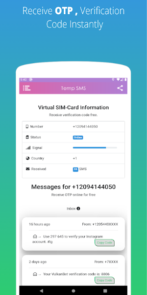 Temp SMS - Temporary Numbers Captura de tela 3