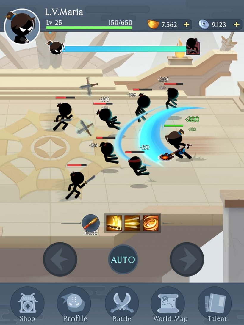 Idle Stickman游戏截图，展示武林高手攻击敌人