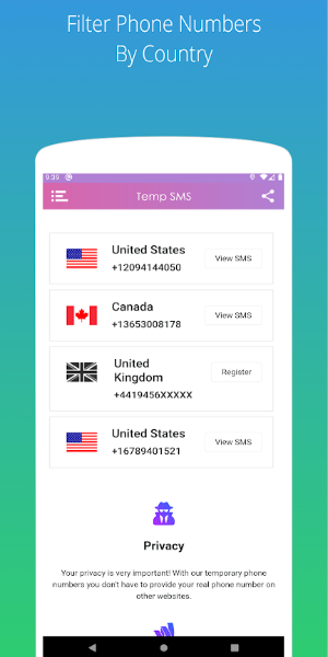 Temp SMS - Temporary Numbers Captura de tela 2