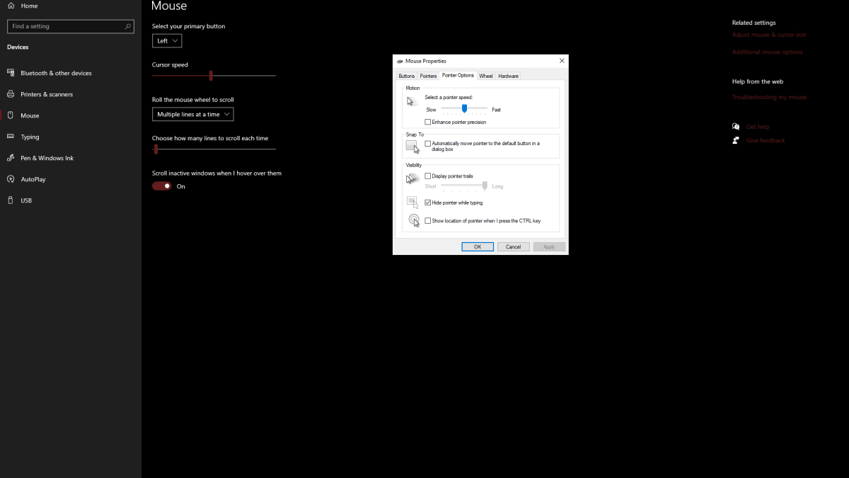 Captura de pantalla de la configuración del mouse en Windows