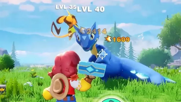 a girl with a hat on her back fighting a blue dragon with an object in her hand