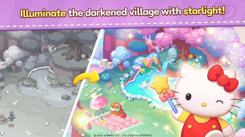 A picture of Hello Kitty waving a magic wand over a landscape that is having colour restored to it