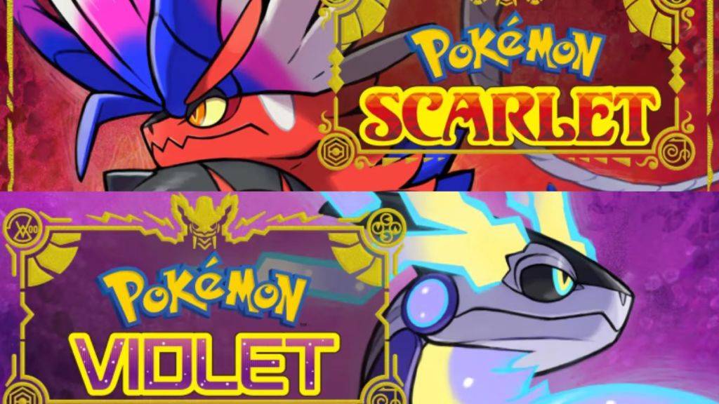 Koraidon과 Miradon과 게임 로고를 특징으로하는 Pokemon Scarlet 및 Pokemon Violet의 커버 아트