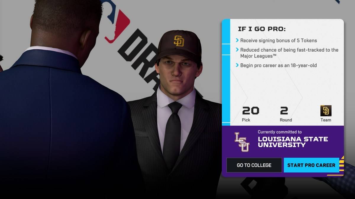 Wybór między college'em a profesjonalistami w MLB Show 25 Road to The Show.