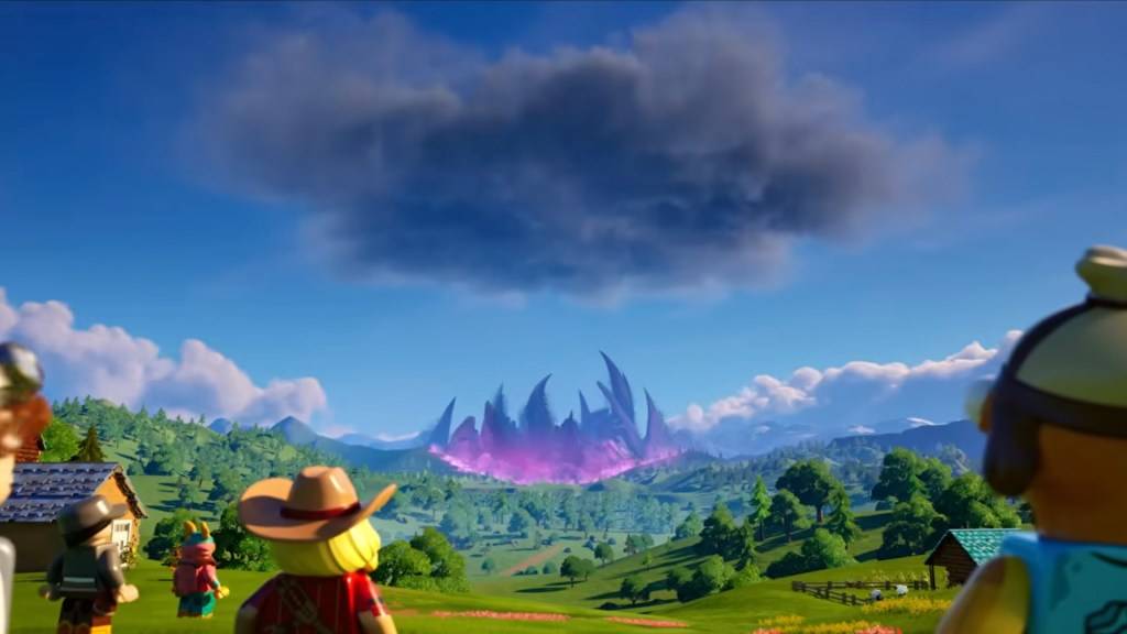 LEGO Fortnite characters facing an approaching storm