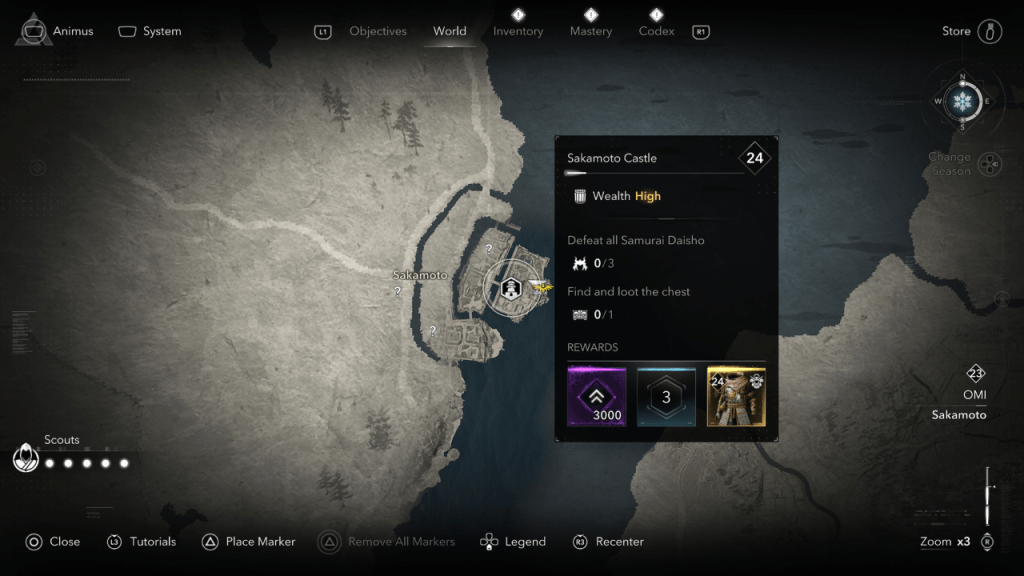 Замок Сакамато награждает 3000 XP в тени Assassin's Creed.