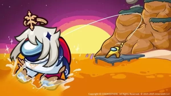 Yellow from Among Us fishing out Black who is wearing a costume based on Paimon from Genshin Impact